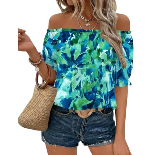 Kistore Womens Tops Short Sleeve Cotton Shirts Off The Shoulder Tops for Women Crewneck Dressy Casual Blouses S-XXL Blue Green Floral X-Large