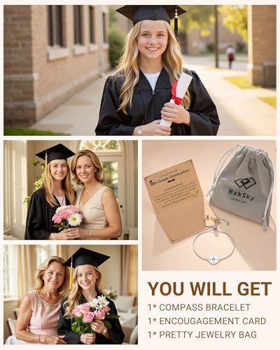 Image of 5th /8th Grade Graduation Gifts, Silver Adjustable Compass Bracelet for Her