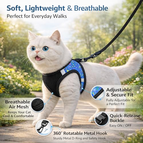 Image of Berlin's Cat Harness with Leash for Outdoor, Walking, Escape Proof, Air Mesh Fabric, Easy Control, Adjustable & Durable Cat Leash with Harness for Cats (Black-Printed Blue, Small)