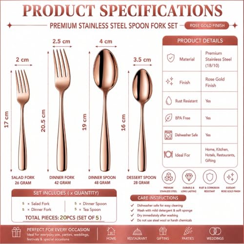 Image of Classic Rose Gold 20 Pcs Stainless Steel Cutlery Set for Dining Table, Dishwasher Safe Glossy Flatware (Perfect Spoon Fork Set)