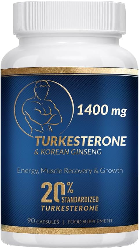 Turkesterone Supplement 1400mg, Ajuga turkestanica Extract, Energy, High Strength, Standardized to 20% Turkesterone + Ginseng Muscle Growth and Strength 90 Cap.