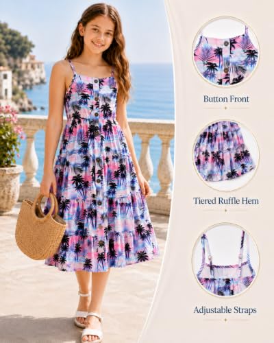 Image of Enlifety Girls Dress Hawaiian Spaghetti Straps Dresses Summer Sundress Size 6 12T