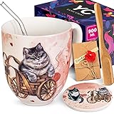 Yang Chai Jumbotasse 900ml, Tee Tasse groß aus Knochen Porzellan, XXL Tasse Geschenkset 6-teilig mit Untersetzer, Papier Teefilter, Glas Strohhalm, Großer Trinkbecher für Tee und Kaffee YC CatiCat