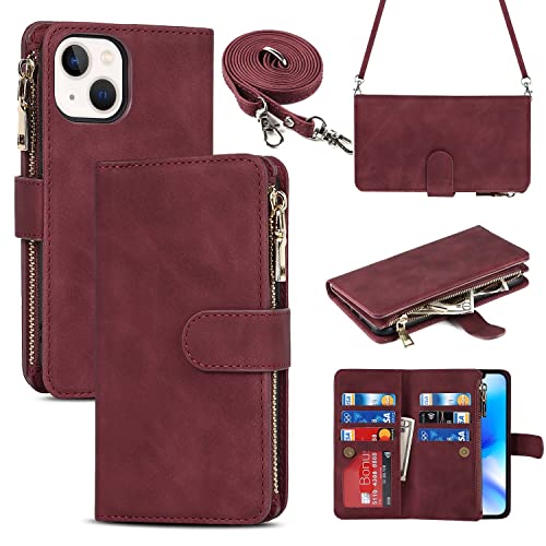 iCoverCase Designed for iPhone 14 Plus Wallet Case with Card Holder and Adjustable Crossbody Lanyard, PU Leather Kickstand Card Slots [Not Detachable] Flip Cover Case 6.7 Inch (Claret)