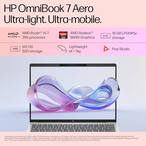 Image of HP OmniBook 7 Aero (Previously Pavilion Plus), AMD Ryzen AI 7 350, Next Gen AI Laptop, 50 Tops (16GB LPDDR5X,512GB SSD) WQXGA,13.3'' /33.8cm,Win11, M365 Basic(1yr),Office Home24, Silver,<1kg, bg1456AU