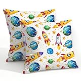 Mexpekil Juego de 2 fundas de cojín de dibujos animados de planetas espaciales de cohete de 55 x 55 cm, impermeables, para patio, jardín