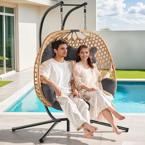 ONBRILL Double Hanging Egg Chair with Stand, Bohemian Knot Style Hammock Swing Chair, Foldable Basket & Denser Weaves, 650 Lbs Capacity Loveseat with UV Resistant Cushion for Patio, Backyard (Grey)