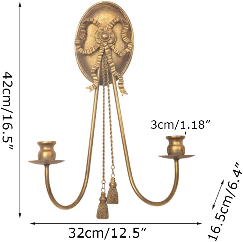Romantic Bow Wall Mounted Candle Sconces with Pendant Decoration,2 Arms Metal Candle Holders for Living Room Fireplace Yard Pathway,Gold