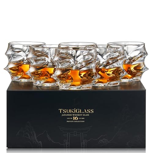 TSUKIGLASS Storm Premium Japanese Crystal Whisky Glasses Set of 6 - Gift Ready Box, 100% Ultra Clarity Lead-Free Crystal, 10oz Tumblers for Bourbon, Scotch & Cocktails, Luxury Gift for Men