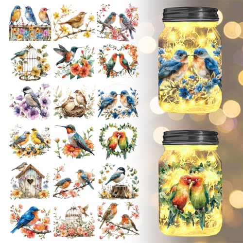 GLOBLELAND 18 Sheets Flowers and Bird Transfer Stickers 3.9x3.6inch Hummingbird Branch Decals Stickers Wreath Rub on Transfer for Furniture Vase Glass Mason Jars Decorations Art Crafts