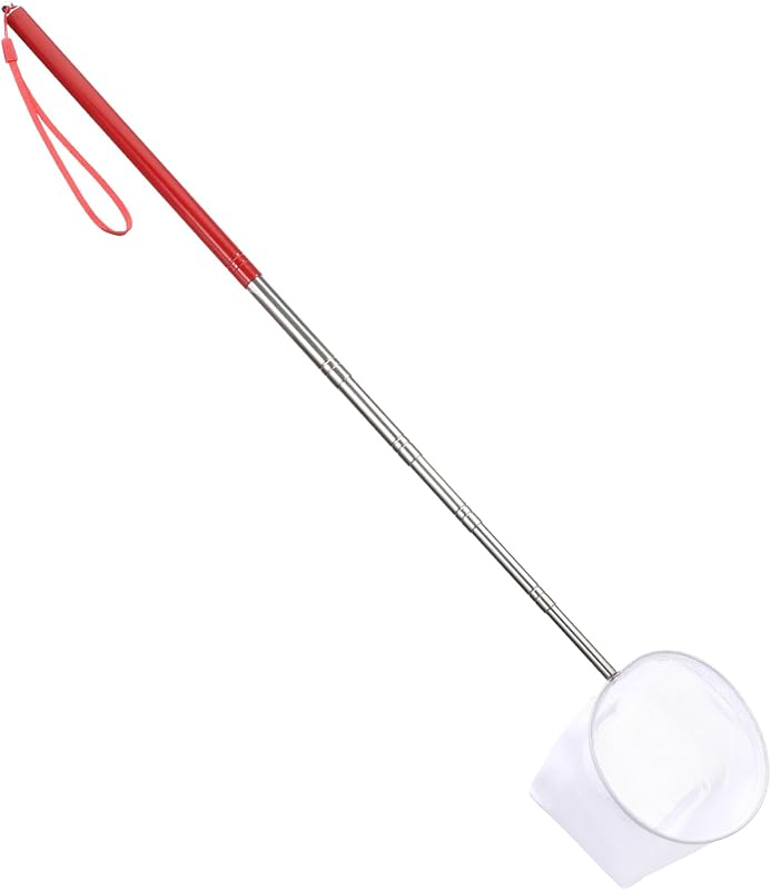 Red para peces de acuario, red de pesca redonda pequeña de 4 pulgadas con mango de acero inoxidable extensible de 8,6 a 39 pulgadas de largo, redes para camarones de malla fina roja, herramienta para desnatar residuos de alimentos para estanques y peces para peces y camarones