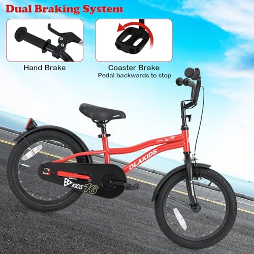 Image of Olakids Kids Bike, 12 14 16 18 Inch Toddlers Bike with Training Wheels Safety Bell Adjustable Seat and Handlebar, Handbrake and Coaster Brake, Children's Bicycle for Boys Girls