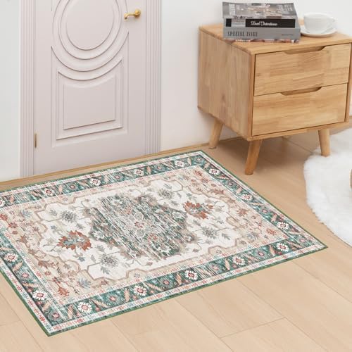 Vamcheer Vintage Area Rugs for Living Room - Traditional Small Door Mat 60x90cm Soft Short Pile Area Rugs for Doorway Entryway Washable Carpet for Bedroom Non Slip Non Shedding, Ivory