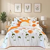 EVENHUG 100% Cotton Quilt Queen Size Orange Sunflower Bedding Set Floral Lightweight Quilt Reversible Coverlet Bedspread with 2 Pillow Shams All Seasons 3 Pieces (92'x96')