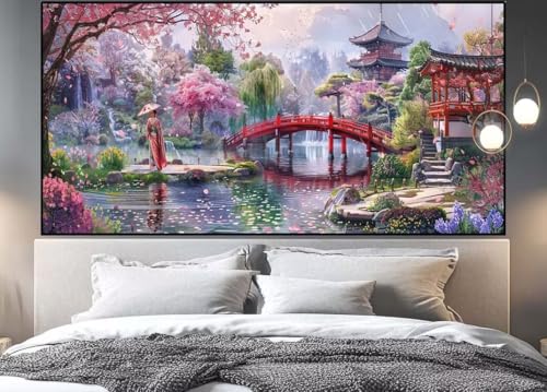 Broderie diamant complet paysage japonais grand format pour decoration salon zen