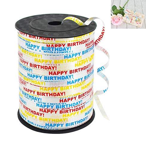 ABSOK Joyeux Anniversaire imprimé Ruban de Curling serti Ballon chaîne Rouleau Ruban d'emballage Cadeau pour fête Festival Art Artisanat décor Fleuriste Fleurs décoration Fournitures （500 mètres）