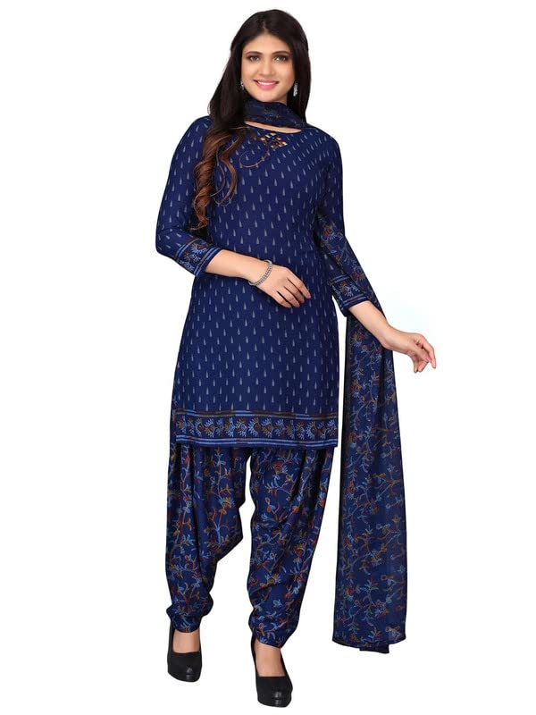 SIRILWomen's Crepe Printed Unstitiched Dress Material, Navy Blue, Free Size