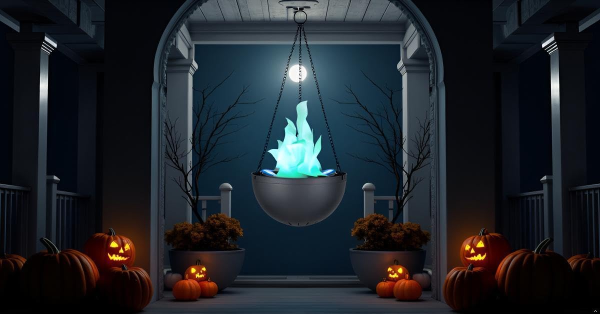 Aspen Creative 61168-24-1,LED Hanging Fire Flame Light Prop for Halloween,Christmas and Party Decor,Black Finish,Blue Flickering Light Effect