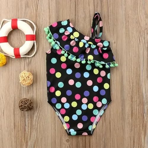 stylesilove Little Girls Polka Dots One Shoulder Pom Pom Trim One-Piece Swimsuit3