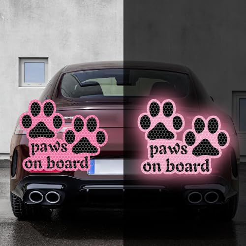 Image of 2pcs Reflective Paw Print Decal Dog Paws on Board Car Window Sticker Safety Warning Sign Stickers Funny Reflective Vinyl Stickers for Car Motorcycles Laptop (Pink)