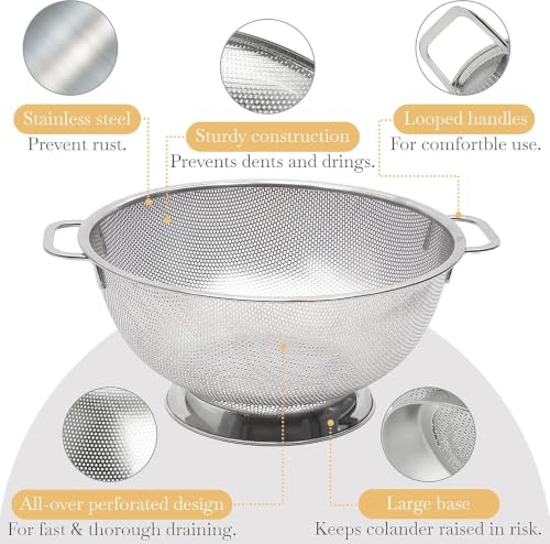 Image of KRESHU Stainless Steel Colander with Handles | Premium Micro-Perforated Kitchen Strainer, Rust-Proof, Fast Draining Basket for Pasta, Vegetables, Fruits & Rice (22.5CM)