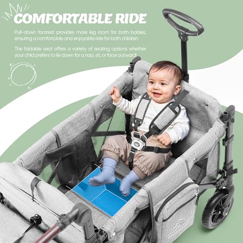 Wagon Stroller for 2 Kids,Premium Wagon for Kids with Removable Canopy, Snack Tray, Convertible Baby Bassinet, 5-Point Safety Harness, All-Terrain PU Wheels & Adjustable Push/Pull Handle,Grey