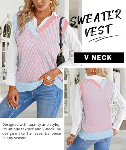 Image of MARZXIN Women Sleeveless Sweater V Neck Casual 2026 Fall Knitted Chevron V Neck Sweater Vest Color Block Pullover Sweater Top