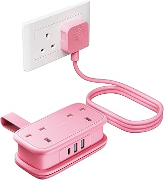 NTONPOWER Travel Extension lead with USB Slots, Pink Extension Lead 1.2M, Cruise Essentials Extension Cord with 2 Way Outlets 3 USB(1 Type C) for Cruise Travel Essentials Hotel Home Office
