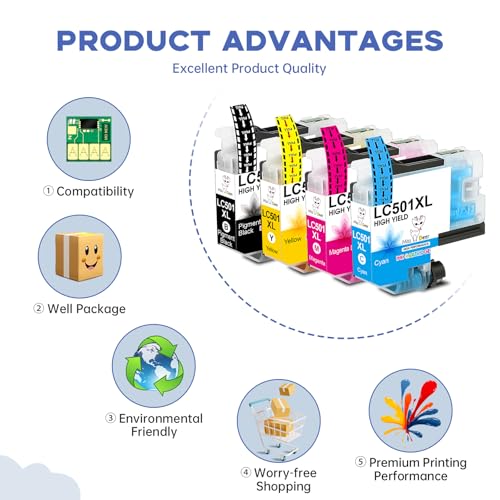 Image of Miss Deer LC501XL Ink Cartridges High Yield Compatible for Brother LC501 LC 501 XL Work with MFC-J1360DW MFC-J1410DW MFC-J1260W Printer, 4 Pack (Black, Cyan, Magenta, Yellow)