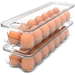 Utopia Home Egg Container With Lid and Handle for Refrigerator Organization- Pack of 2 – Clear Stackable Egg Holder for Kitchen or Pantry Organizers and Storage