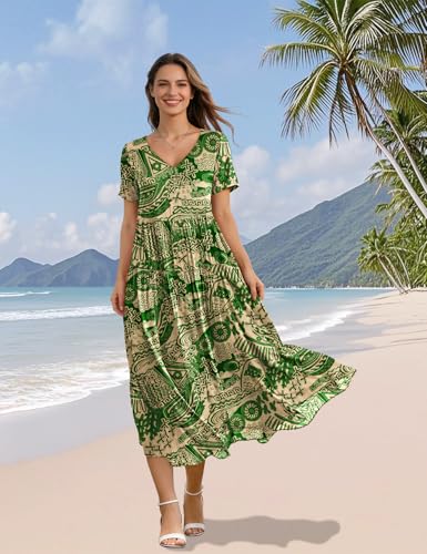 Image of YESNO Women's Summer Maxi Dresses Casual Floral Short Sleeve V Neck Boho Beach Vacation Swing Dress with Pockets EVF