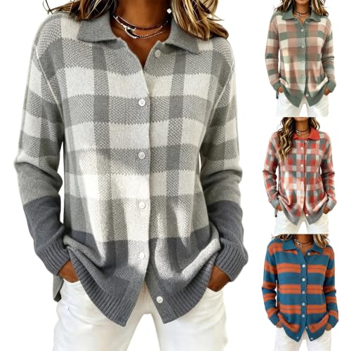 Womens Plaid Knit Cardigan Collar Long Sleeve Button Down Sweater Jacket Color Block Loose Fall Winter Casual Outerwear Black and White - image 1