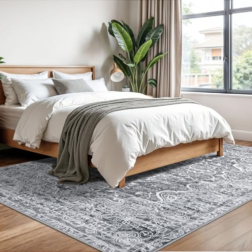 KUTA Living Room Rug 6x9 Grey White, Vintage Washable Large Area Rugs 6ft x 9ft, Non-Slip Boho Printed Dining Room Carpet, Indoor Low-Pile Cozy Room Throw for Office Bedroom