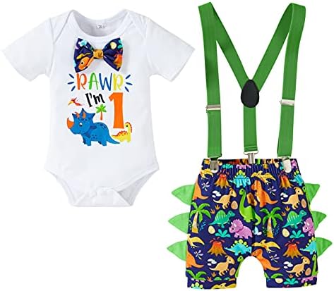 Viworld Baby Boys Cake Smash Clothes Dinosaur Romper Diaper Suspenders Pants 3PCS Set First Birthday Outfit for Photo Prop Party 12-18 Months RAWR
