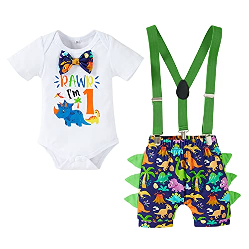 Viworld Baby Boys Cake Smash Clothes Dinosaur Romper Diaper Suspenders Pants 3Pcs Set First Birthday Outfit For Photo Prop Party 12-18 Months Rawr #TOP15