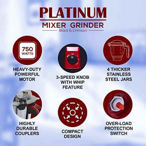 Wonderchef-Platinum-750W-Mixer-Grinder-4-Stainless-Steel-Jars-With-Fruit-Filter-Jar-Powerful-750W-Motor-3-Speed-Pulse-Function-Anti-Skid-Feets-5-Years-Warranty-On-Motor-Black-Red - mixer grinder