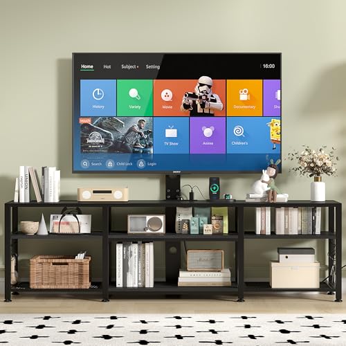 Image of VECELO TV Stand with Mount and Power Outlet, Height Adjustable Entertainment Center with Storage Shelves for 55 /65 /70 /75 /80 inches Televisions, Console Table for Living Room, Bedroom, Matte Black