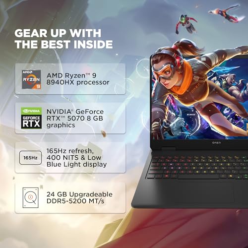 Image of HP Omen, AMD Ryzen 9 8940HX, 8GB RTX 5070, 24GB DDR5(Upgradeable) 1TB SSD, 240Hz, 2k WUXGA, 3ms, 400 nits, 16'' /40.6cm, Win11, M365* Office24, Black, 2.44kg, ap0182AX, RGB, AI Gaming Laptop