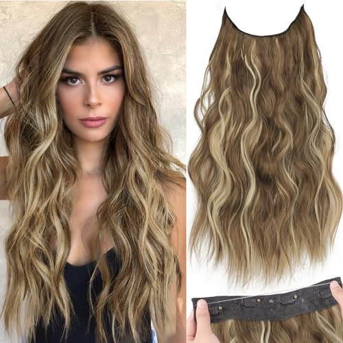 KooKaStyle Invisible Wire Hair Extensions with Transparent Headband Adjustable Size 4 Secure Clips Long Wavy Secret Wire Hairpiece 20 Inch for Women（Brown/Blonde）