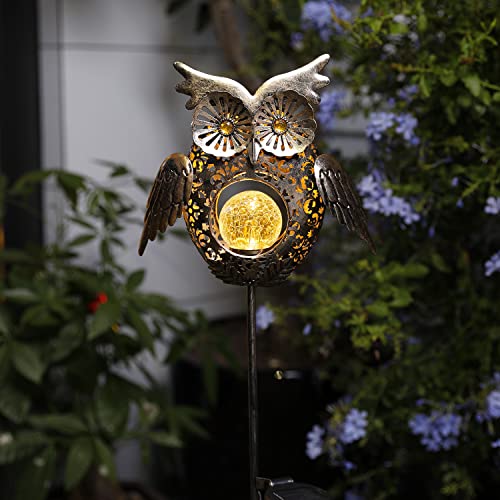Go2Garden Solar Lights Outdoor Owl Decorative Metal Stakes Lights Crackle Glass Light For Lawn, Yard Art, Pathway, Patio Decor(Bronze) #TOP5