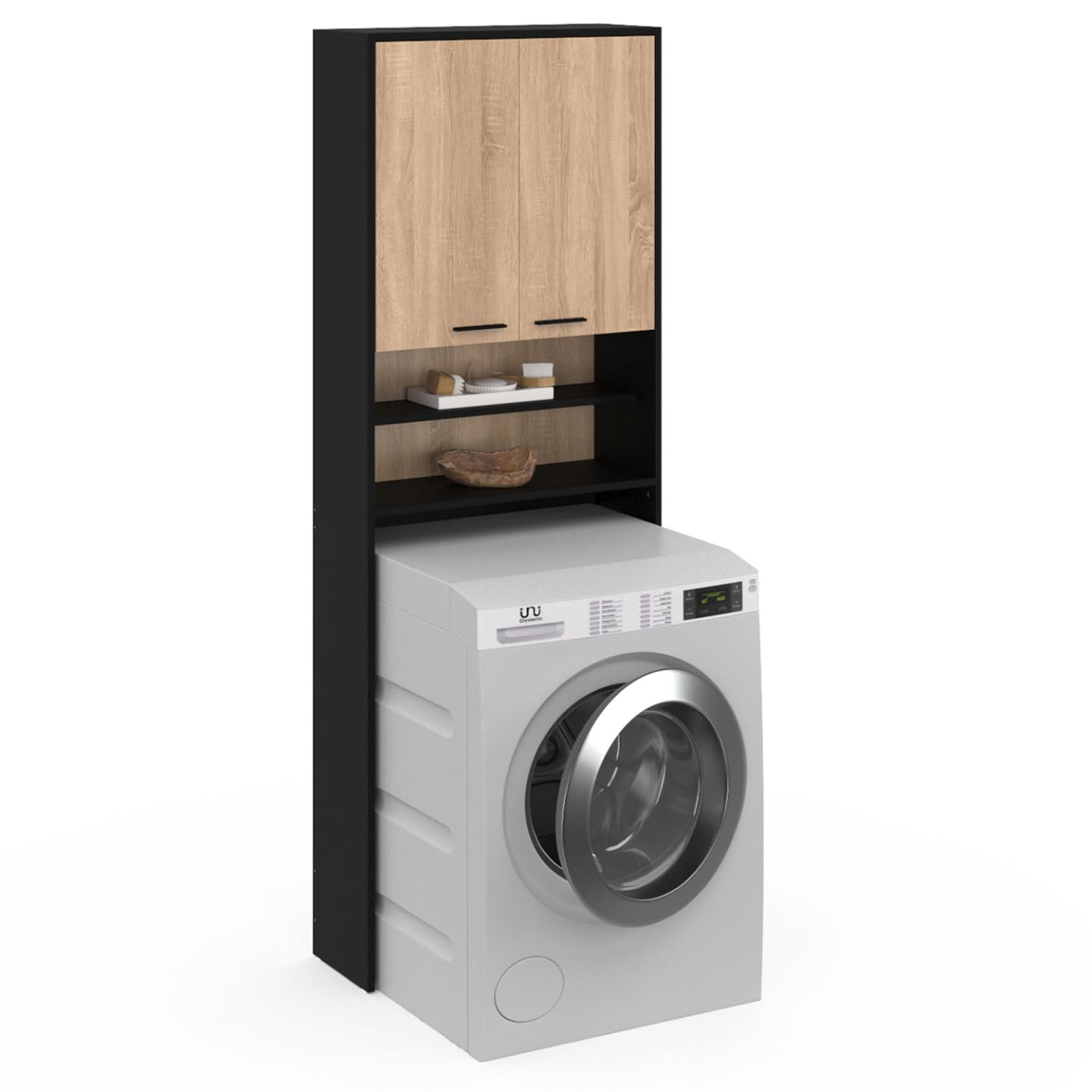 IDMarket - Scaffalatura WALLIS nera e in faggio per lavatrice e piano WC