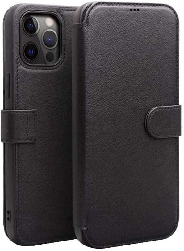 Étui portefeuille iPhone 12 / 12 Pro en cuir noir avec porte-cartes