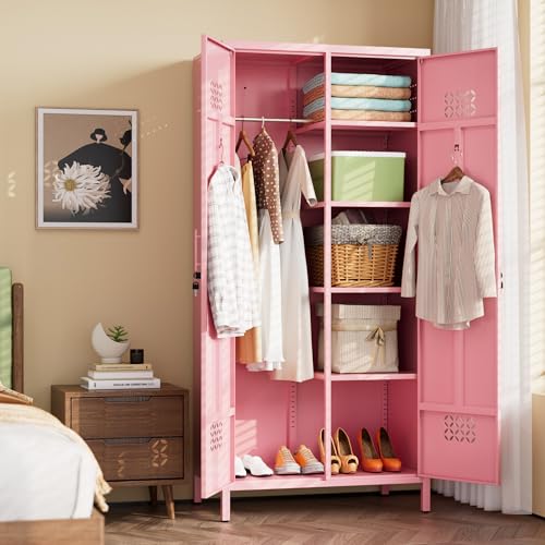 Image of METAN Extra Deep 2 Doors Metal Wardrobe Cabinet, Closet with Lock, Pink | 71 inchH*33.5 inchW*20 inchD Adjustable Shelves & Hanging Rod,Heavy Duty Steel Storage Armoire for Home,Assembly Required