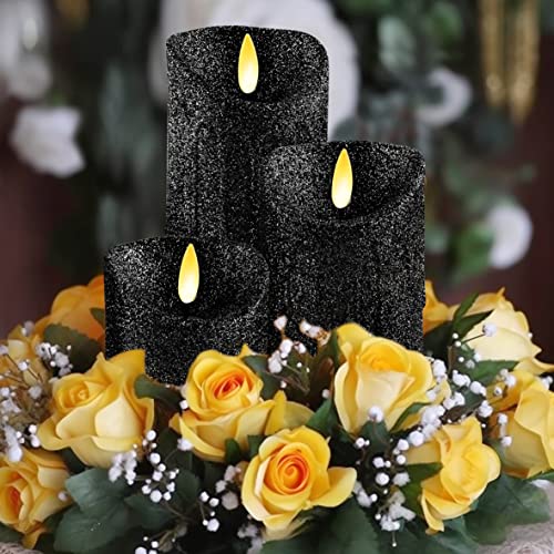 Image of CVHOMEDECO. Set of 3 Glitter Flameless Candles Flickering Battery Operated LED Candles for Home, Wedding, Halloween, Christmas Decor. Black (Black) | Flickering LED, Battery Operated, Wedding Decor, Holiday Decor