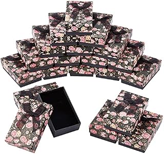 NBEADS 20 Pcs Cardboard Jewelry Box, 2 Slot Flower Pattern Jewellery Case with Ribbon Bowknot and Black Sponge for Rings, Earrings, Necklaces, 8x5x2.6cm