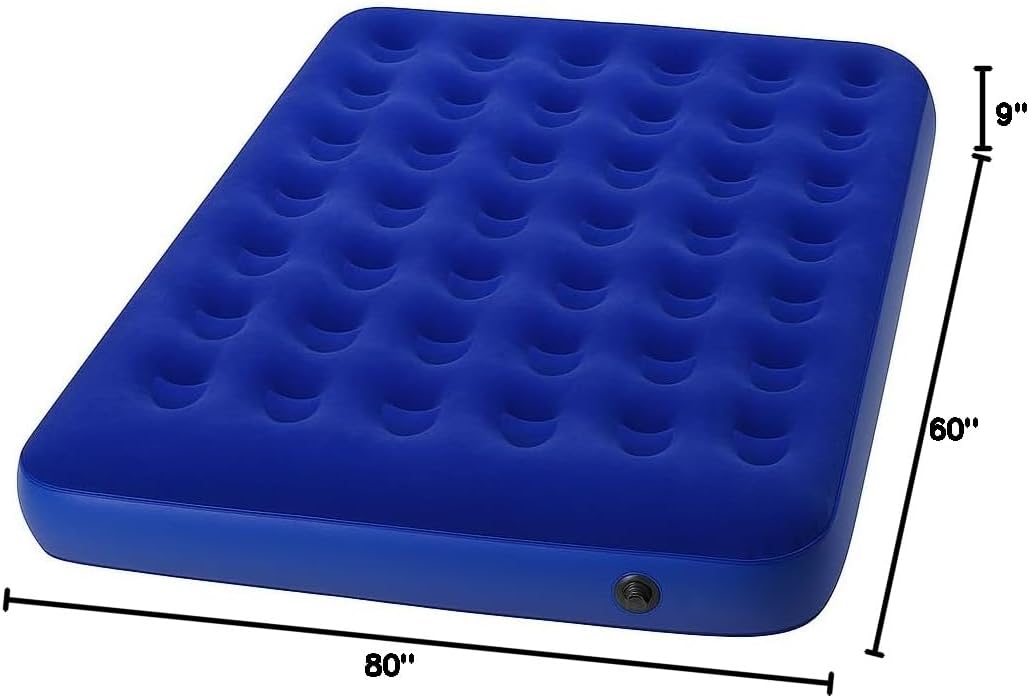 J&V TEXTILES Air Mattress, 48 Coil Luxury Flocked Design, 80 x 60 x 9 inches, with Air Pump, Blue (Full)