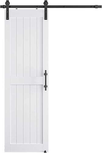 Miniatura 7 de Puerta corredera de granero de 26 x 84 pulgadas con kit de herrajes para puerta de granero de 5 pies, mango y guías de suelo, agujeros