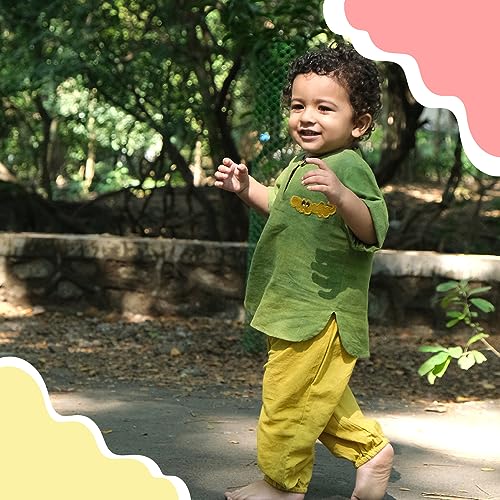 Image of MHYSA Unisex Handblock Printed Khadi Pant Set for Boys and Girls (Light Green & Yellow, 4-5 Years)