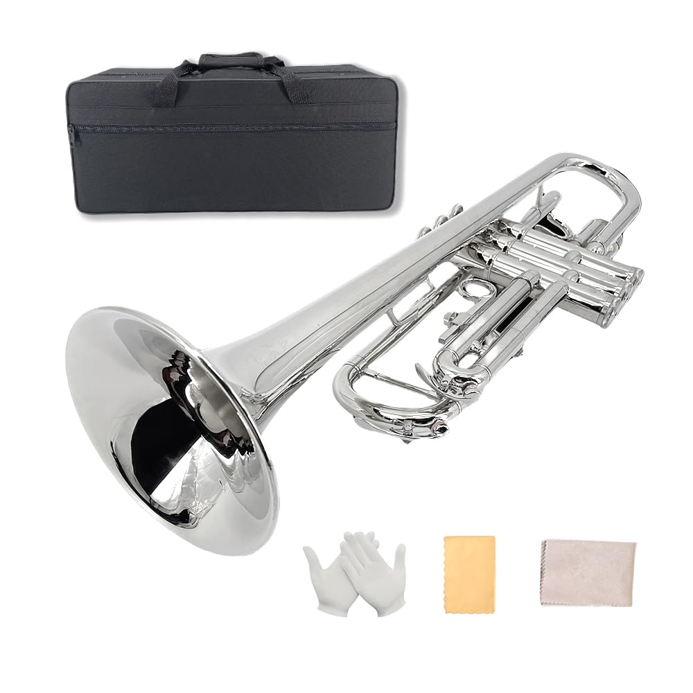 Bb Trompeten Standard-Set mit Tragetasche, 7C-Mundstück-Reinigungstuch, Handschuhe, für Anfänger oder Fortgeschrittene, Messinginstrument, Weihnachtsgeschenk, Geburtstagsgeschenk (Silber)