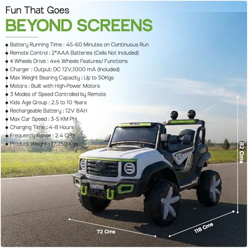 Image of Toyzone Panther Electric Jeep (White) | 12V Rechargeable Ride on with 5Ah Battery | Music Player with BT, USB & AUX | Smooth Acceleration | 6M Battery Warranty | Age 3-10 Years, Upto 50 kg